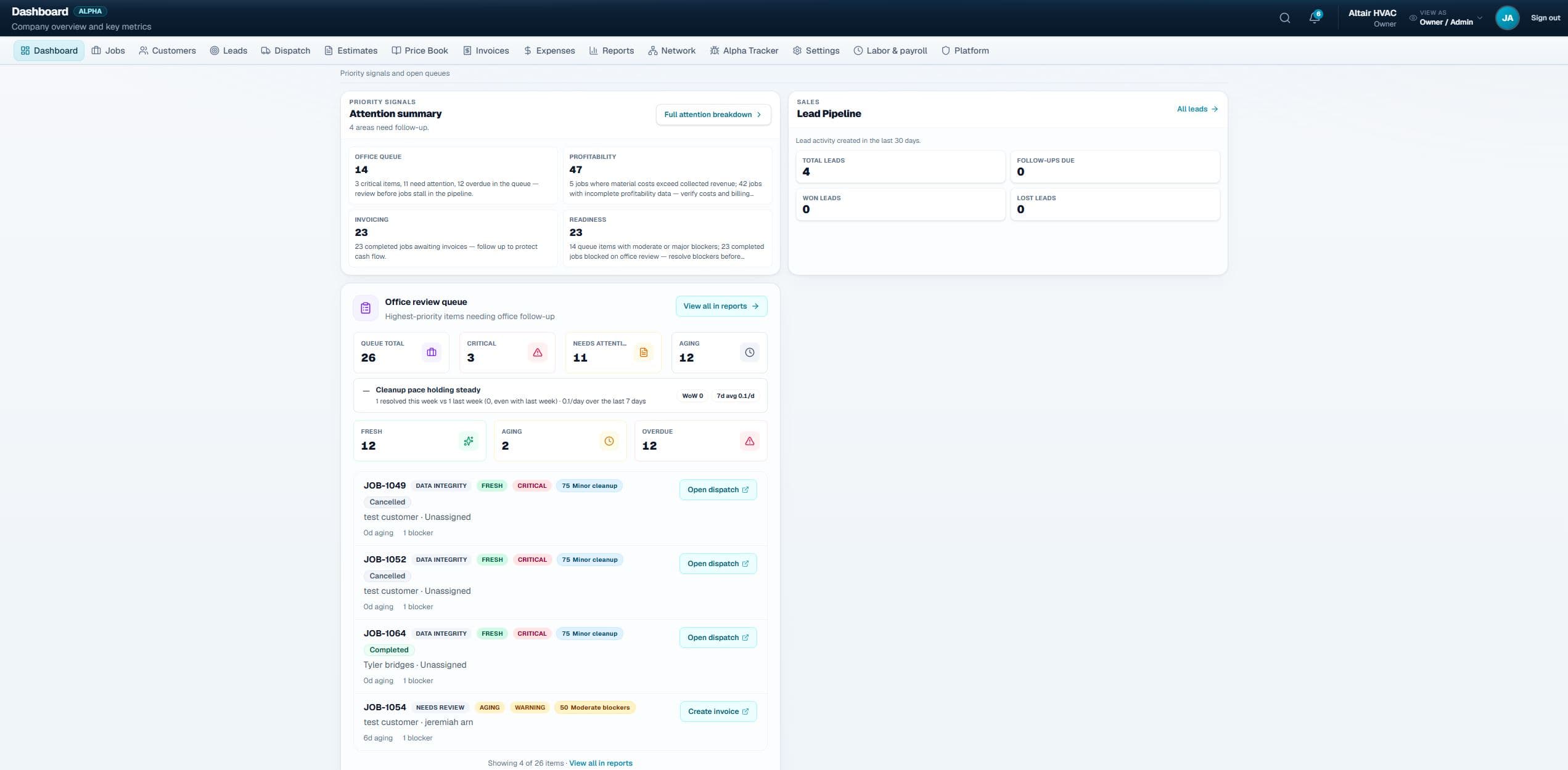 Altair OS reporting dashboards and business insights