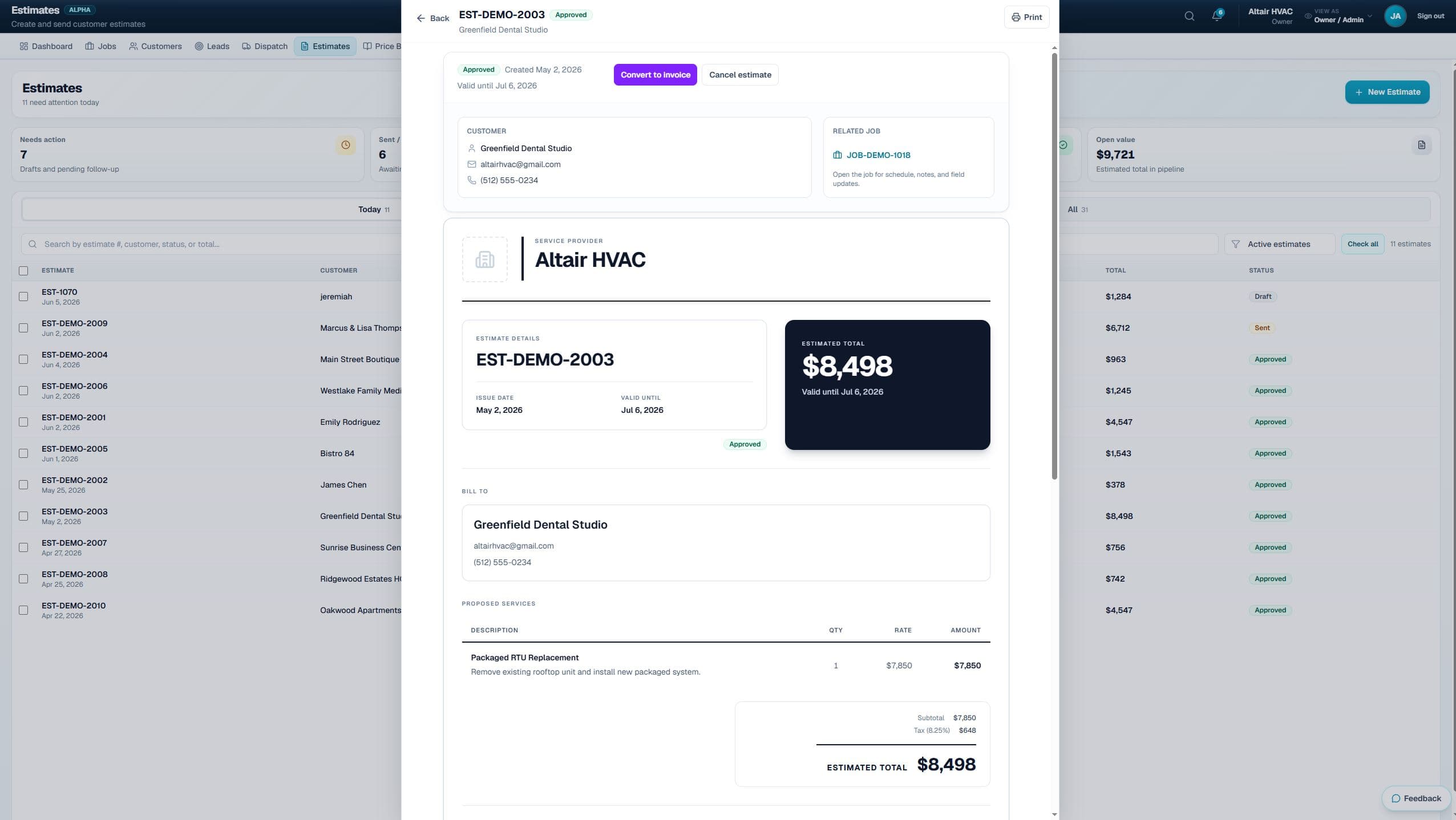 Altair OS estimates and customer approval workflow