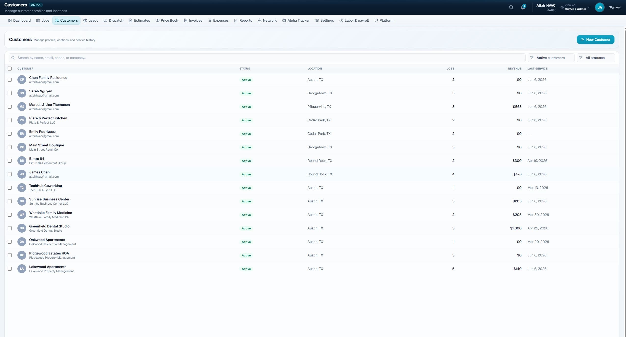 Altair OS Customer 360 view with service history and account details