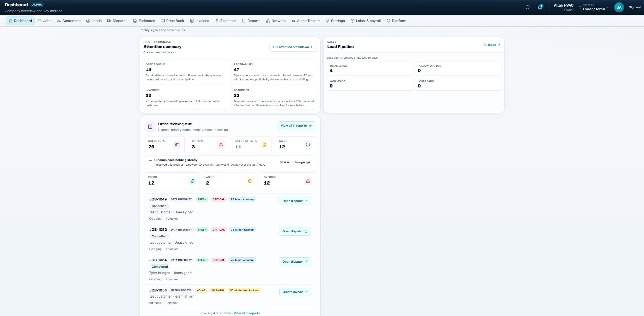 Altair OS reporting dashboards and business insights